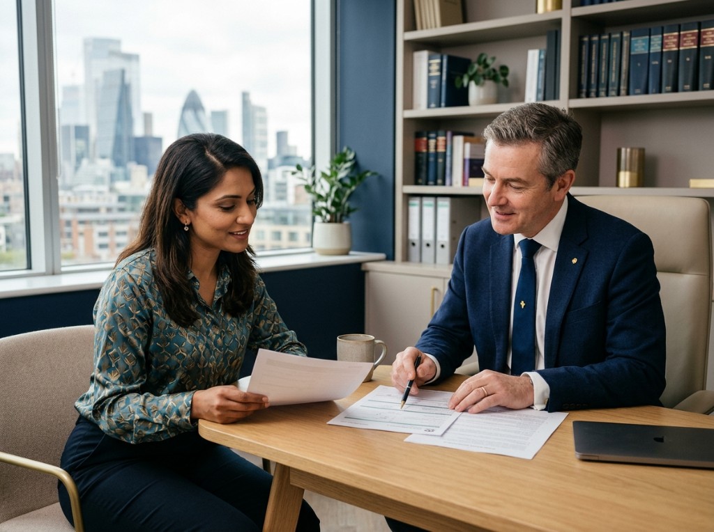 Direct Immigration Solutions consultation — advisors reviewing documents together in a modern office